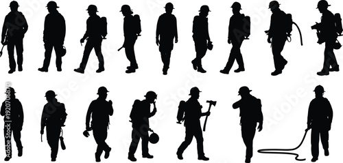 Silhouettes of firefighters in action, fire safety equipment, firemen with helmets, protective gear, firefighting tools, emergency rescue, safety, bravery, teamwork