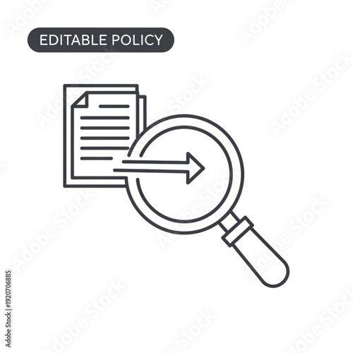 A vector graphic illustration of a magnifying glass examining a document with an editable policy