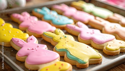 Delicious homemade Easter sugar cookies decorated with colorful royal icing in the shape of bunnies and eggs. Food photography for holiday baking and family traditions.