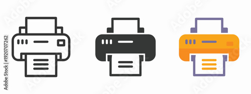 Office printer and fax vector icons, containing paper, document, and machine symbols, line, glyph, and flat design for digital interfaces, workflow, and administrative graphics