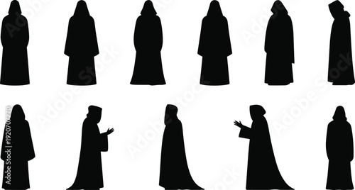 Silhouettes of hooded cloaked people, standing and gesturing, mysterious figures, traditional long robes, isolated black shapes on white background