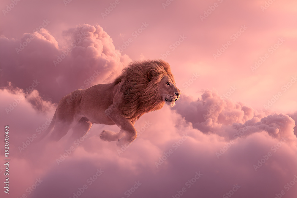 Obraz premium Majestic Lion Walking Through Dreamy Pink Clouds at Sunset