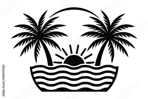 Easter Sunday silhouette blooming tree Black and white silhouette of two palm trees with sunset over wavy water