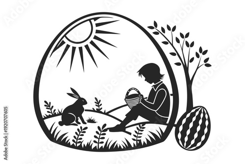 Easter Sunday silhouette blooming tree Black and white silhouette of child with basket and rabbit inside egg shape with sun and tree