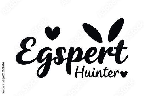 Easter Sunday silhouette blooming tree Black cursive text Egspert Huinter with heart and leaf decorations on white background