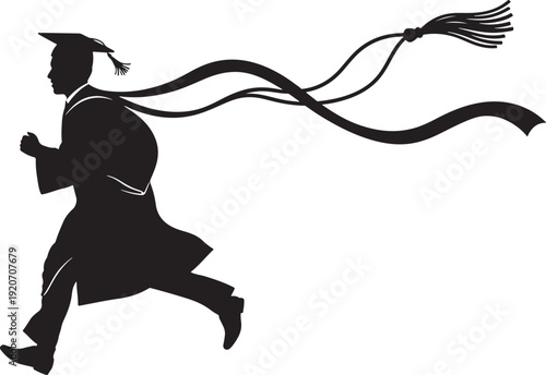 Dynamic silhouette of a graduating student running with their gown flowing, symbolizing ambition, speed, and a fast-paced future.