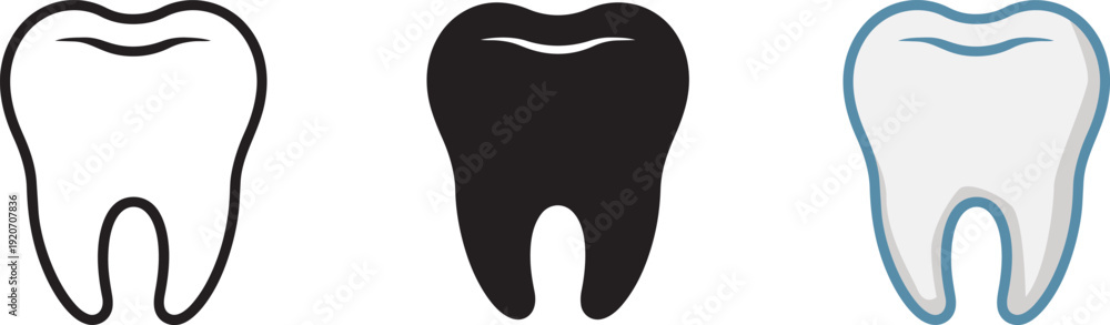 Obraz premium Dental tooth icons collection with line art solid black and realistic white medical illustrations