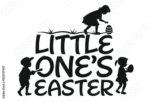 Silhouette of children hunting Easter eggs with text Little Ones Easter in Easter Sunday silhouette blooming tree black and white