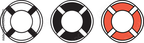 Lifebuoy ring icons featuring stroke silhouette and colorful nautical safety equipment designs