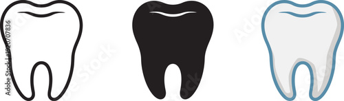 Dental tooth icons collection with line art solid black and realistic white medical illustrations