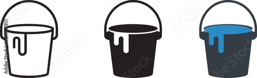 Paint bucket vector illustrations showing outline filled and blue liquid versions for renovation