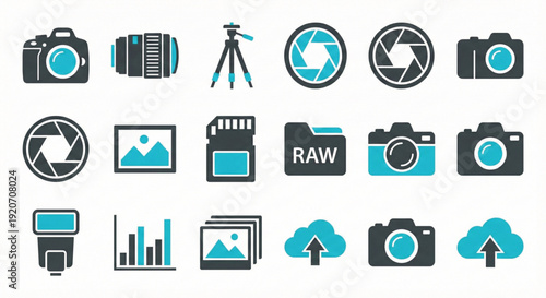 Photography and Camera Equipment Icons Set, Modern Flat Vector Collection on White Background