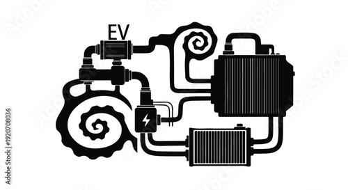 Electric vehicle EV system diagram with components and connections, modern technology illustration for sustainable energy and automotive industry