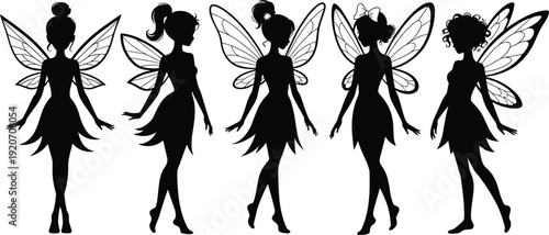 Silhouettes of magical fairies with wings, fantasy characters, elegant women, fantasy art, mystical creatures, fairy tale design, enchanted fantasy scene