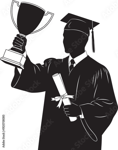 Silhouette of a proud graduate holding a trophy and a diploma, symbolizing outstanding achievement and victory in their academic pursuits.