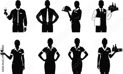 Silhouettes of male and female waiters and waitresses, serving drinks and food, hospitality service, restaurant staff, professional uniforms, customer 
