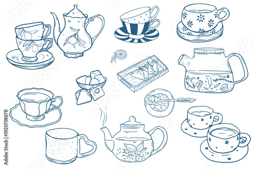 Vintage Tea Set and Sweets Line Art Collection