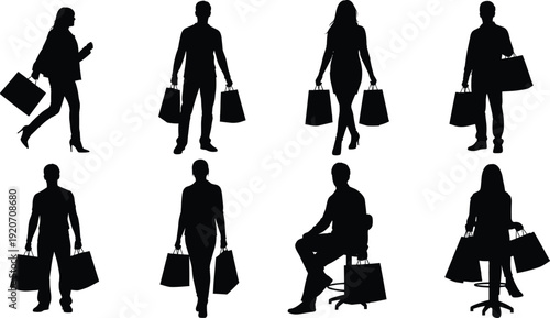 Silhouettes of men and women carrying shopping bags, walking and sitting poses, retail shopping concept, consumer lifestyle, black and white vector illustration, fashion and purchase, diverse shoppers