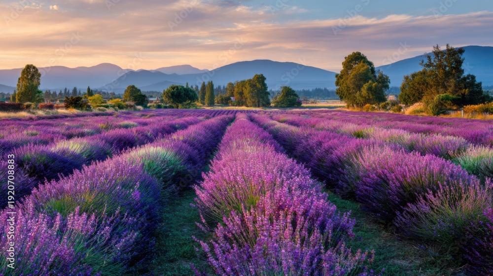 Obraz premium Scenic lavender field at sunrise with distant mountains