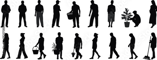 Silhouettes of men and women standing, walking, holding baskets, caring plants, sweeping, diverse activities, black and white, lifestyle, everyday moments, people silhouette