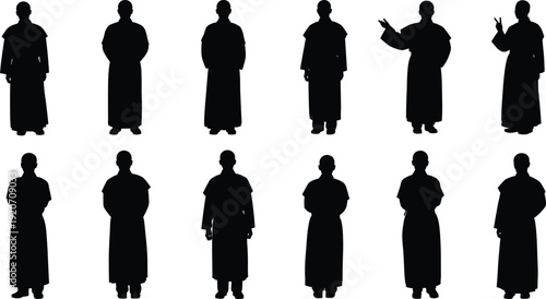 Silhouettes of monks in traditional robes, spiritual figures standing and gesturing, peaceful meditation poses, religious attire, serene spiritual practice, black and white illustration