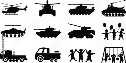 Silhouettes of military helicopters, tanks, trucks, and happy children playing with balloons and swings, symbolizing peace and war 