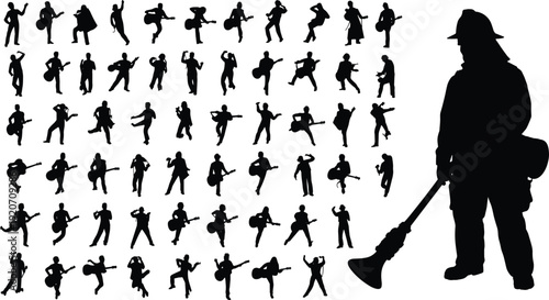 Silhouettes of musicians and singers with guitars, dynamic band poses, vocalists performing, live music concert, musical instruments, entertainment stage performance