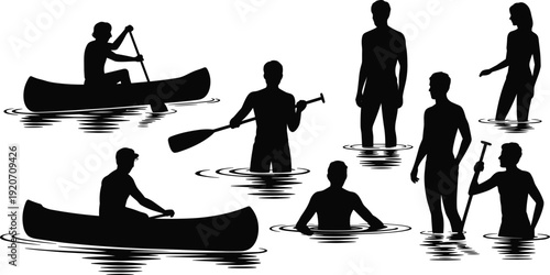 Silhouettes of people canoeing and standing in water, outdoor activity, summer fun, water sports, paddleboarding, kayaking, nature adventure, lake recreation