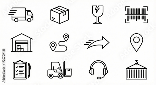 Logistics and Shipping Line Icons Set with Delivery Truck, Package Barcode Warehouse, and Forklift