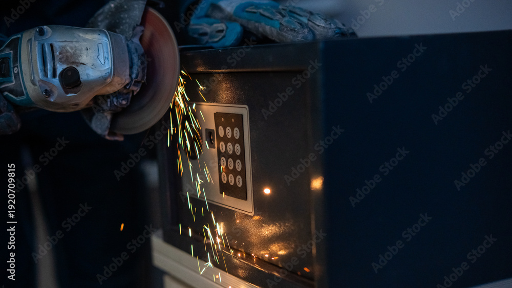 Obraz premium A man breaks into a safe with a grinder.