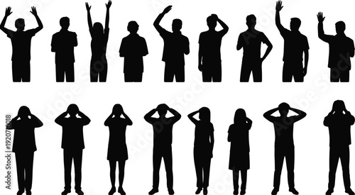 Silhouettes of people making different gestures, communication body language poses, emotional expressions, standing figures, black vector illustration set
