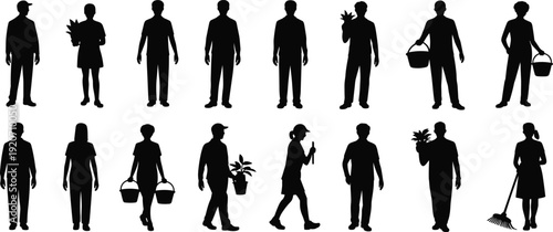 Silhouettes of people holding plants, baskets, and cleaning tools, gardening, harvesting, houseplant care, rural lifestyle, farm workers, nature lovers, seasonal work