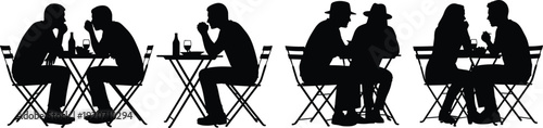 Silhouettes of people sitting at tables, drinking wine, having conversations, couples and friends socializing, outdoor cafe, leisure time, relaxing, enjoying drinks, dining scene, casual meeting.