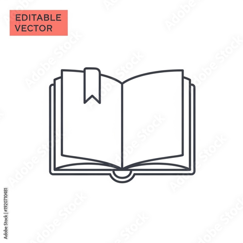 A minimalist line art illustration of an open book with a bookmark