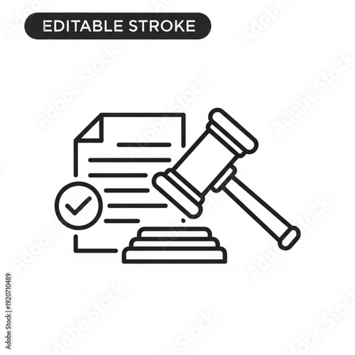 A vector graphic illustration of a gavel and legal document with a checkmark, symbolizing law and order