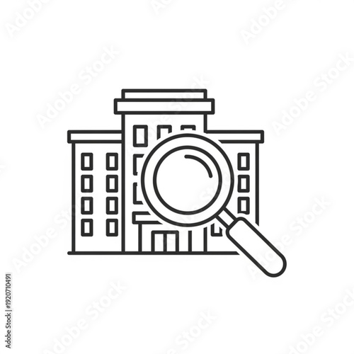 A minimalist line art illustration of a building with a magnifying glass in front of it