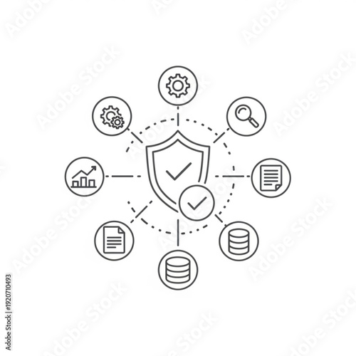 A vector graphic illustration of a shield surrounded by various security and protection icons, representing data safety and cybersecurity.