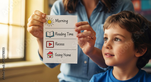 Teacher showing visual daily schedule card to young student