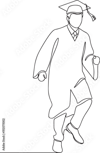 Single line drawing of a happy graduate in cap and gown, running with excitement towards a new chapter in life.