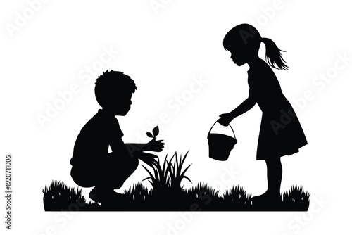 Silhouette of two children gardening with one holding a small plant and the other carrying a bucket Easter Sunday silhouette children playing 1