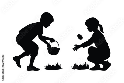 Silhouette of two children playing Easter egg hunt in grassy field with basket and egg Easter Sunday silhouette children playing
