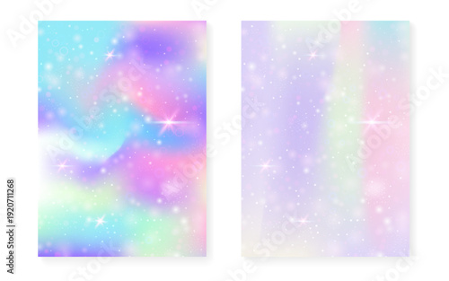 Kawaii background with rainbow princess gradient. Magic unicorn hologram. Holographic fairy set. Bright fantasy cover. Kawaii background with sparkles and stars for cute girl party invitation.