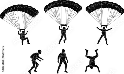 Silhouettes of skydivers with parachutes, airborne parachuting athletes in freefall and landing positions, extreme sport jumpers, parachute canopy open, adventure skydiving team