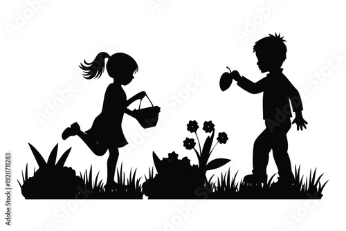 Silhouette of two children playing outdoors in a garden with flowers and grass in Easter Sunday silhouette children playing black and white