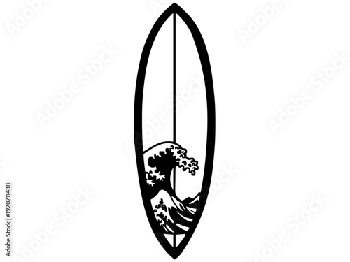 Ein vertikales Surfbrett-Design mit integrierter Wellenlinie und optionalem Namensfeld. Perfekt für Strandhäuser, Jugendzimmer oder Surfer-Deko.KI Generiert