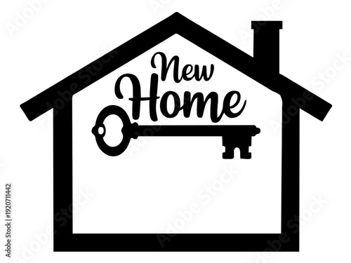 Ein dekoratives Hausmotiv mit großem Schlüssel und Schriftzug „New Home“. Perfekt als Einzugsgeschenk oder Türschild zur Hausübergabe.KI Generiert