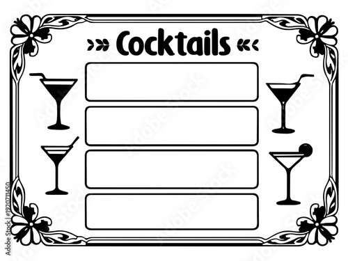 Eine strukturierte Cocktail-Übersicht mit Glas-Silhouetten und Zutatenfeldern. Ideal für Hausbars, Partykeller oder als Geschenk für Hobby-Barkeeper.KI Generiert