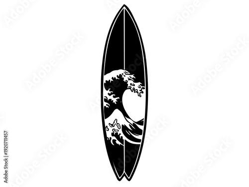 Ein vertikales Surfbrett-Design mit integrierter Wellenlinie und optionalem Namensfeld. Perfekt für Strandhäuser, Jugendzimmer oder Surfer-Deko.KI Generiert