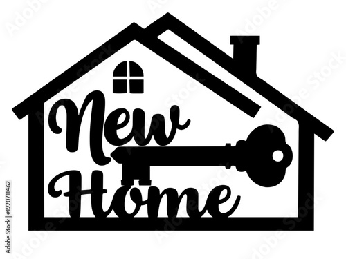 Ein dekoratives Hausmotiv mit großem Schlüssel und Schriftzug „New Home“. Perfekt als Einzugsgeschenk oder Türschild zur Hausübergabe.KI Generiert