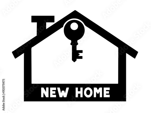 Ein dekoratives Hausmotiv mit großem Schlüssel und Schriftzug „New Home“. Perfekt als Einzugsgeschenk oder Türschild zur Hausübergabe.KI Generiert